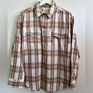 Japna Plaid Collection Womens top Size Large Button Front Long Sleeve Beige